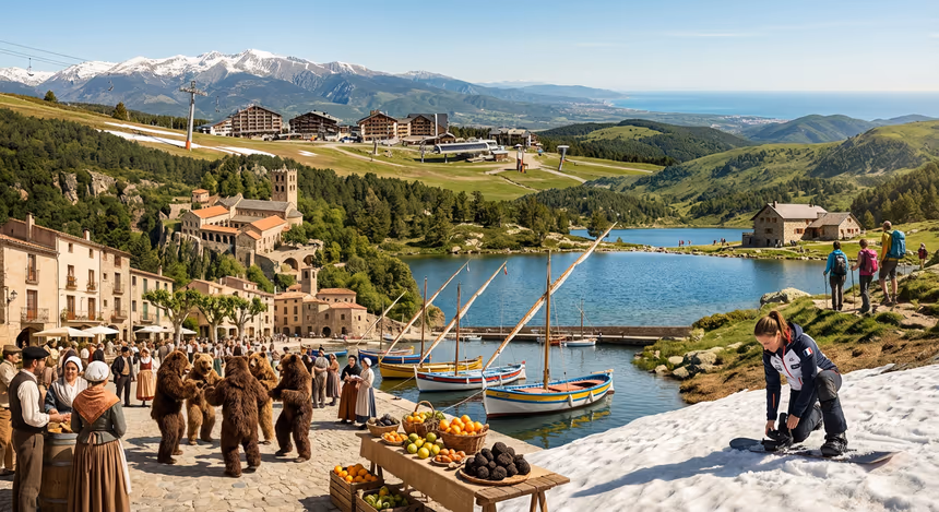 Paysage ultra réaliste des Pyrénées-Orientales au printemps mêlant montagnes enneigées, mer Méditerranée, village catalan traditionnel avec fête de l’Ours, abbaye romane Saint-Martin-du-Canigou, et une athlète paralympique de snowboard