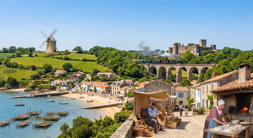 Paysage réaliste de la Vendée avec collines verdoyantes, moulin à vent restauré, forteresse médiévale de Tiffauges, train touristique sur viaduc en pierre, village côtier avec plages, artisans confectionnant des paniers en osier et préparant le préfou, sous un ciel clair au printemps