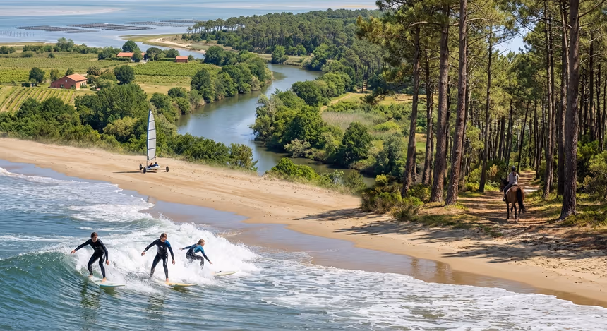 Paysage naturel des Landes avec plage, dunes, forêt de pins, surfeurs, voile terrestre, équitation et le cours d’eau protégé de la Leyre à la lumière douce du printemps