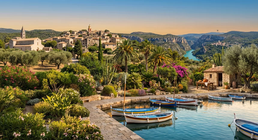 Paysage réaliste et immersif de la Provence dans le Var, avec le port ancien de Saint-Tropez au bord de la mer turquoise, jardins exotiques du Rayol, village perché de Tourtour, abbaye de Thoronet, et les falaises impressionnantes des gorges du Verdon en arrière-plan.