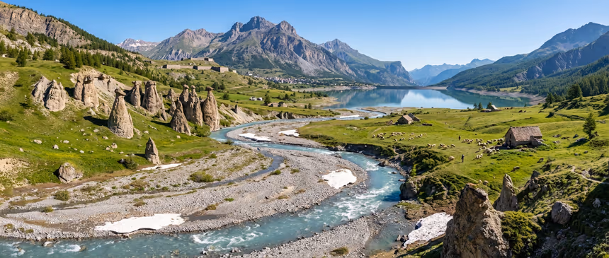 Vue panoramique ultra-réaliste de la vallée de la Durance dans les Alpes françaises au printemps avec rivière sauvage, prairies alpines, formations rocheuses en cheminées de fées, pâturages avec bergers, et le lac du barrage de Serre-Ponçon en arrière-plan