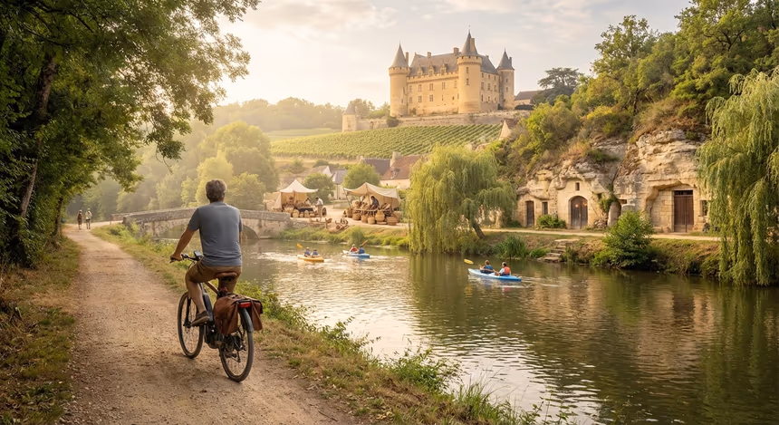Vélotouriste électrique sur les rives paisibles de la Loire avec un château historique en arrière-plan, vignobles verdoyants, maisons troglodytes et kayakistes sur le fleuve