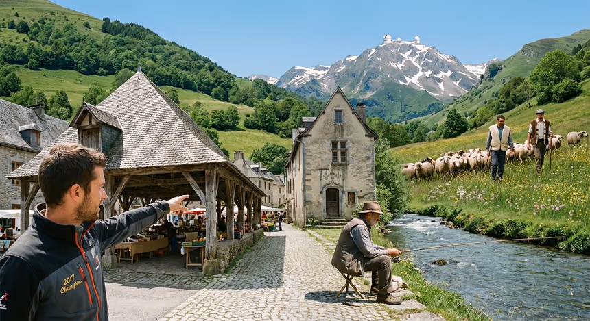 Village d’Arreau dans la vallée d’Aure avec ses bâtiments historiques, des bergers et brebis en estive, et le Pic du Midi en arrière-plan sous un ciel bleu