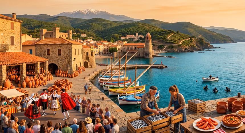 Vue réaliste de Collioure au coucher de soleil avec bateaux catalans traditionnels, poteries rouges, danseurs en costumes traditionnels, pêcheurs d’anchois, mer Méditerranée et montagnes du Canigou en arrière-plan