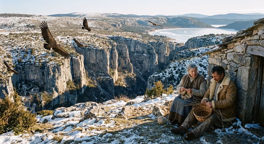 Paysage hivernal du Causse Méjean en Lozère avec vastes plateaux rocheux enneigés, profondes gorges, vautours en vol, habitants tricotant isolés, et le lac gelé de Charpal en arrière-plan