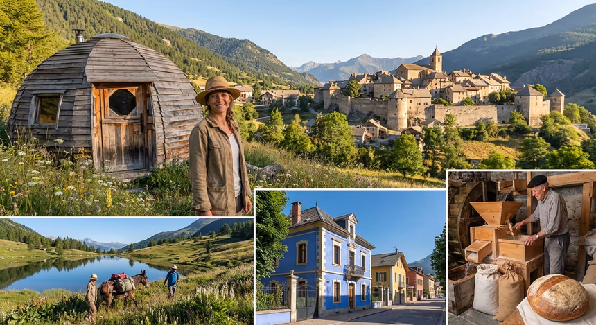 Paysage ultra-réaliste de la vallée de l’Ubaye en été, avec Carole Prost près de ses hébergements insolites en bois, le village médiéval de Colmars, Carole cueillant des herbes sauvages avec un guide et une mule près du Lac Noir, et à Barcelonnette les villas colorées mexicaines et un moulin à eau traditionnel