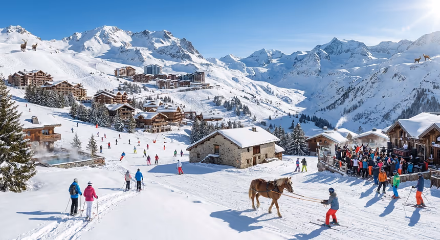 Panorama hivernal ultra-réaliste des Trois Vallées avec skieurs, ski-joëring, chalets de luxe, espaces naturels protégés et ambiance festive sous un ciel bleu clair