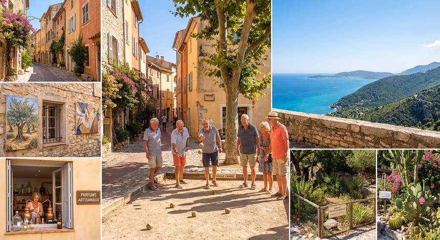 Village perché typique de la Côte d’Azur en été, ruelles étroites en pierres, vue panoramique sur la Méditerranée et montagnes, habitants jouant à la pétanque avec boule carrée, fresques murales et jardins exotiques, ambiance chaleureuse et authentique