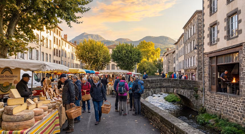 Marché matinal animé au cœur de Clermont-Ferrand avec la chaîne des Puys en arrière-plan, stands de fromages Saint-Nectaire, randonneurs et ambiance authentique d’Auvergne en automne