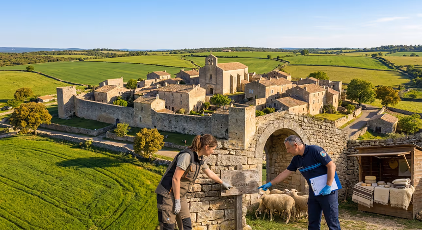 Village fortifié de Sainte-Eulalie-de-Cernon sur le plateau du Larzac, avec ses maisons en pierre et champs agricoles, illustrant le patrimoine templier et l’agriculture traditionnelle vivante