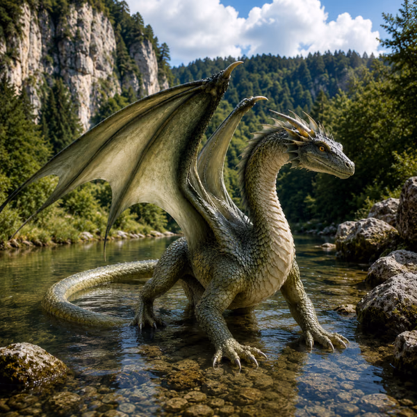 La Vouivre, dragon des légendes serpentant au-dessus d'une rivière