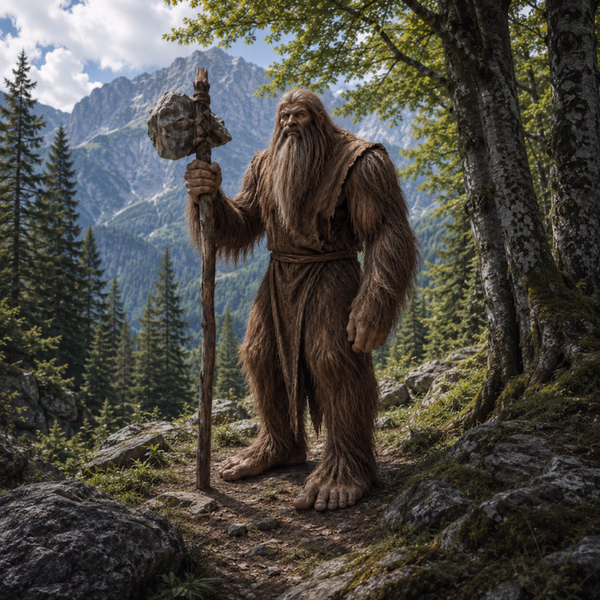 Basajaun, géant velu des légendes basques, dans une forêt de montagne