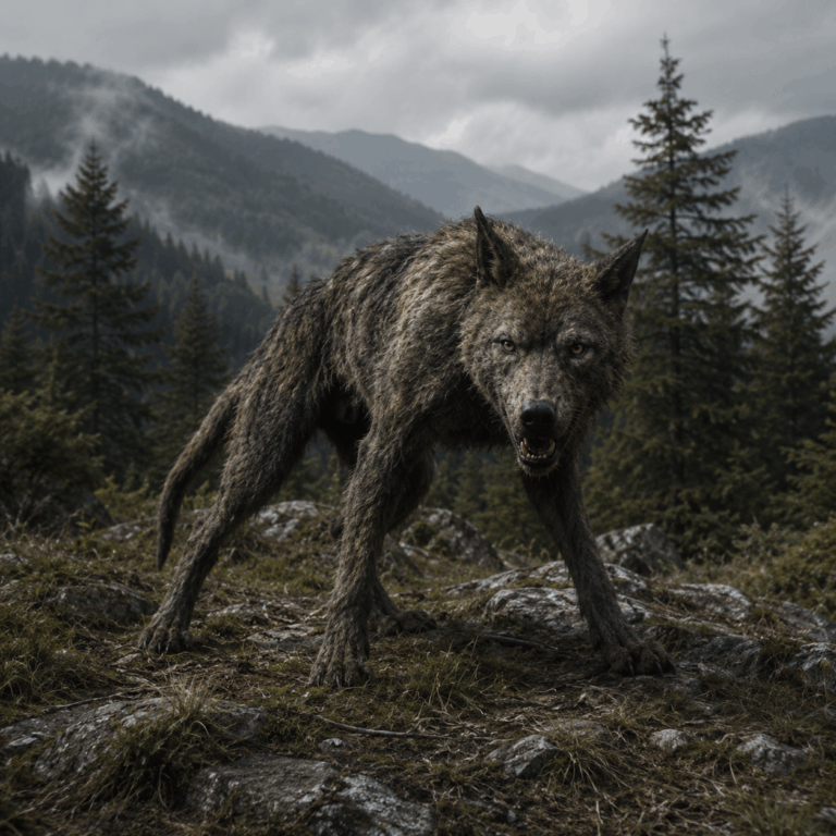 Loup à l'air menaçant sur une crête, évoquant la légende de la bête des Vosges