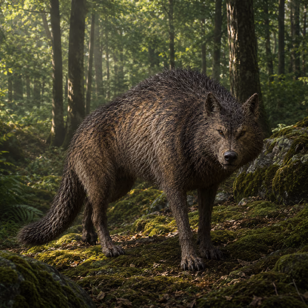 La Bête du Gévaudan rôdant dans une forêt de feuillus