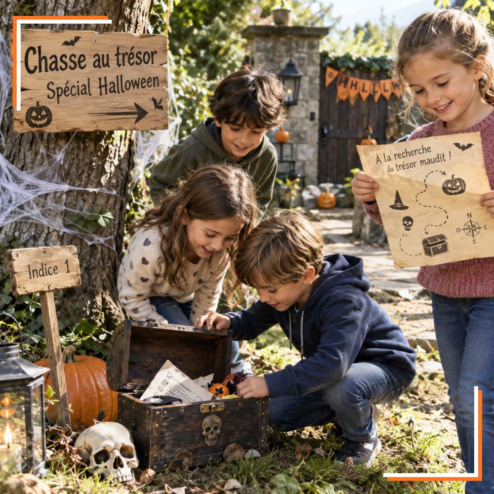 Enfants cherchant des indices autour d’un coffre lors d’une chasse au trésor spéciale Halloween.