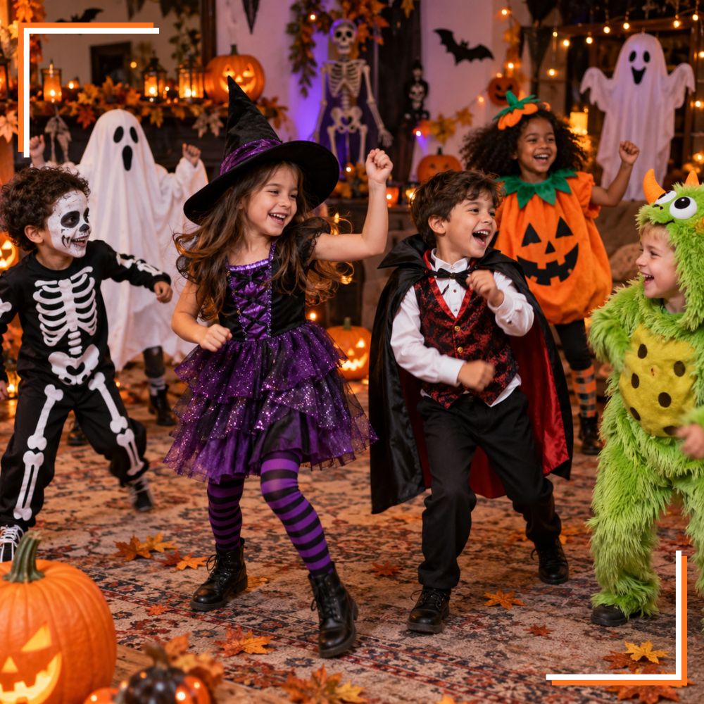 Enfants déguisés en sorcière, vampire, squelette et monstres dansant lors d’une fête Halloween.