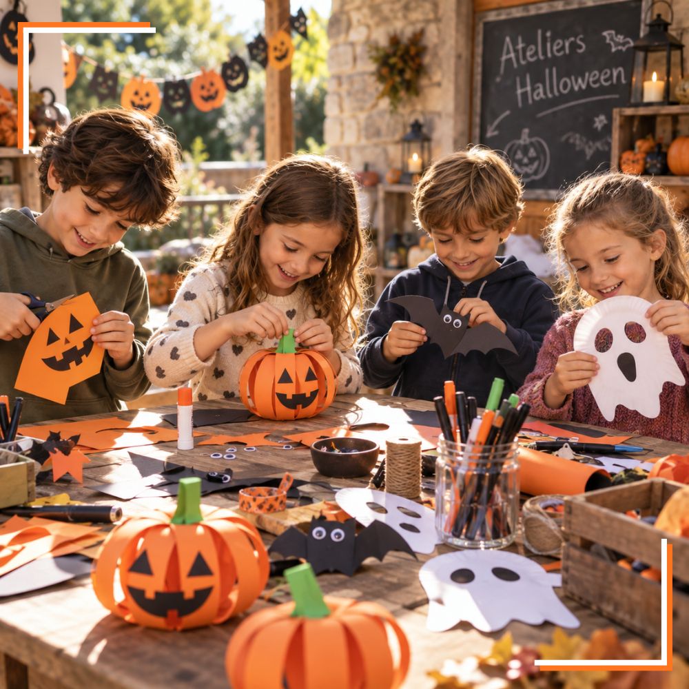 Enfants fabriquant des décorations de citrouilles, fantômes et chauves-souris lors d’un atelier créatif Halloween.