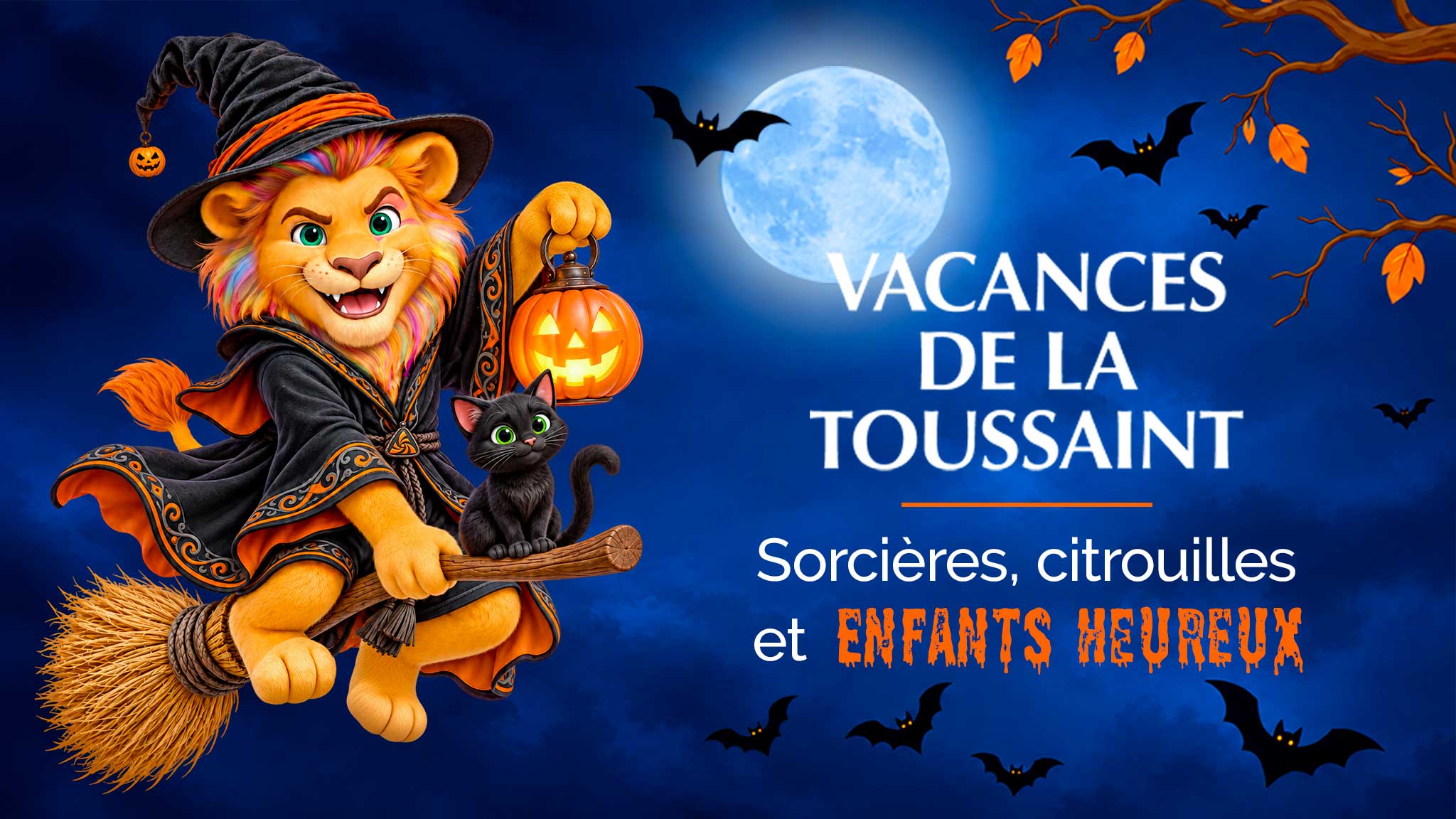 Azurion déguisé en sorcier avec un chat noir sur un balai devant une pleine lune et des chauves-souris pour les vacances de la Toussaint.